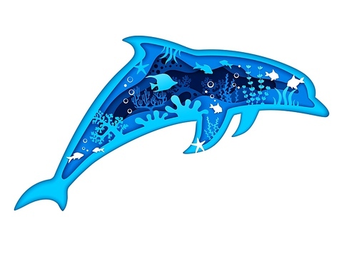 Blue dolphin silhouette with sea paper cut underwater landscape. Ocean wildlife, environmental and animal day or underwater life papercut 3d vector background with fish shoal, coral and seaweed plants