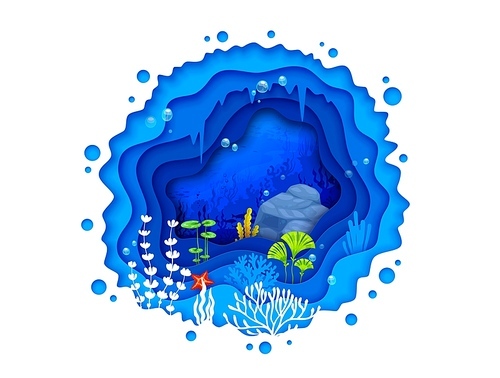 Cartoon tropical sea paper cut landscape featuring colorful seaweeds, coral reef, rocks and air bubbles in blue water with vegetation silhouettes in depth. 3d vector background creating ocean vibes