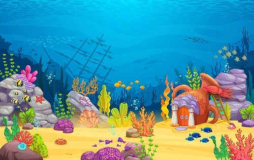 Game level. Cartoon underwater landscape with sunken ship and amphora house building. Vector fantasy background with mermaid home. Fairytale dwelling with greek columns and and seaweeds on sea bottom