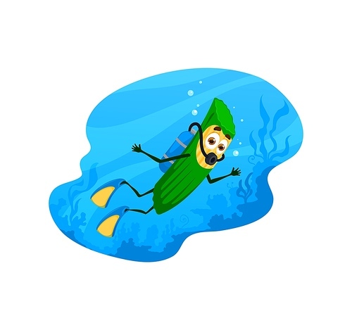 Cartoon scuba diver pasta character on summer beach vacation. Cute italian penne macaroni vector personage diving into sea water with diving suit, mask and flippers on underwater landscape background