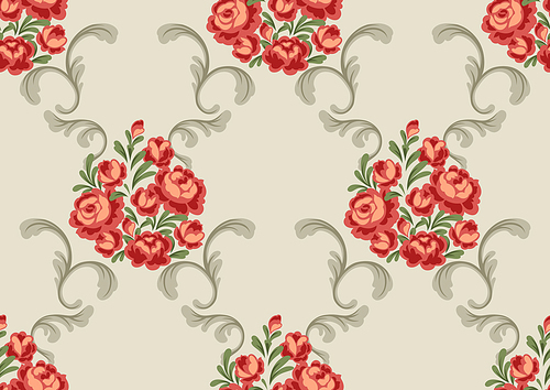 Pattern with baroque flowers. Beautiful decorative vintage plants, buds and leaves.