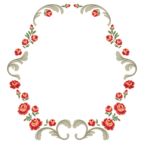 Frame with baroque flowers. Beautiful decorative vintage plants, buds and leaves.