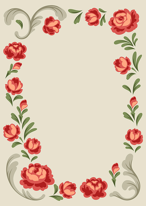 Frame with baroque flowers. Beautiful decorative vintage plants, buds and leaves.