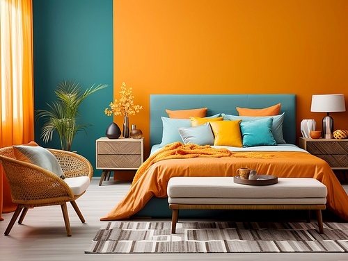 Bed and bench against orange and blue wall with copy space. Art deco interior design of modern bedroom.