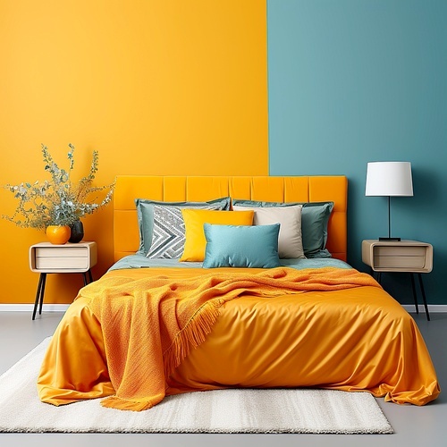 Bed against vibrant orange and blue wall with copy space. Minimalist interior design of modern bedroom.