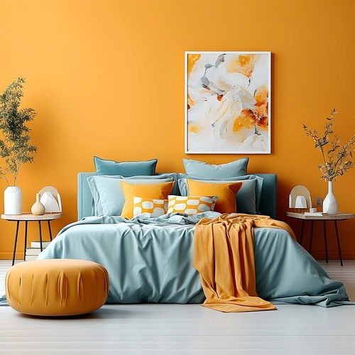 Bed with blue bedding against orange wall. Minimalist interior design of modern bedroom.