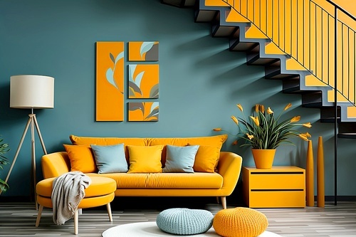 Scandinavian interior design of modern living room, home. Orange sofa with colorful pillows against teal wall under staircase.