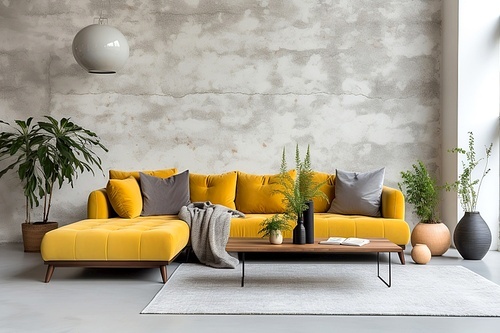 Vibrant yellow sofa against grunge concrete wall with copy space. Loft home interior design of modern living room.