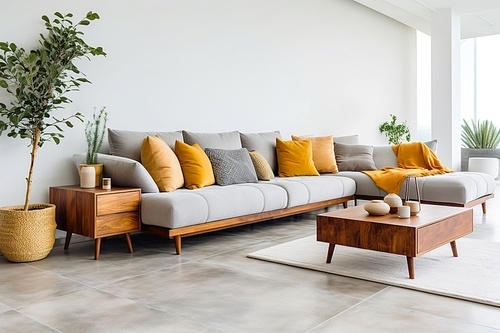 Grey sofa with bright yellow pillows against white wall with copy space. Scandinavian home interior design of modern living room.