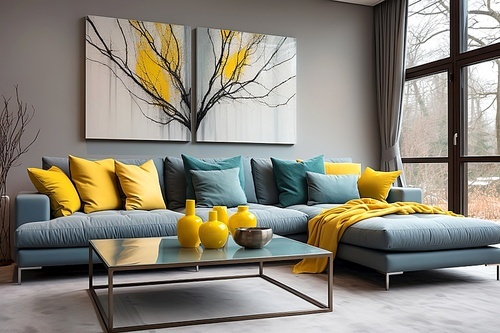 Blue corner sofa with yellow pillows against window and grey wall with art poster. Scandinavian home interior design of modern living room.