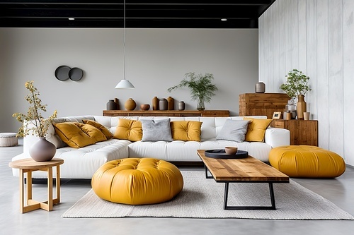 White sofa with yellow and grey cushions. Rustic furniture. Minimalist home interior design of modern living room.