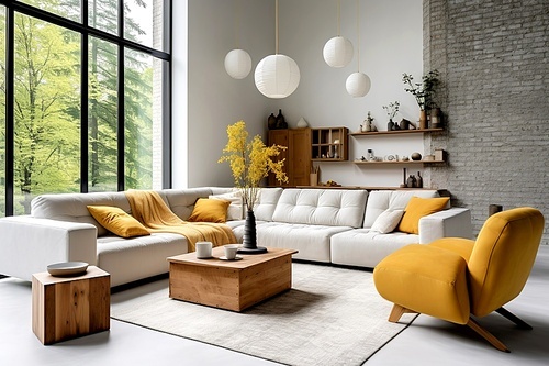 Yellow accent chair near white sofa with yellow pillows in room with brick wall. Scandinavian, loft, minimalist home interior design of modern living room in villa.