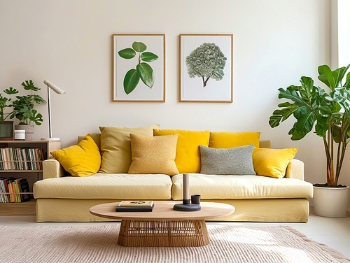 Scandinavian interior design of modern living room, home. Bright yellow sofa against wall with frames.