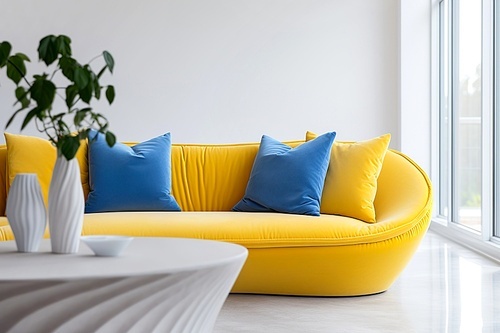 Close up of yellow curved sofa with blue pillows against white wall with copy space. Minimalist home interior design of modern living room.