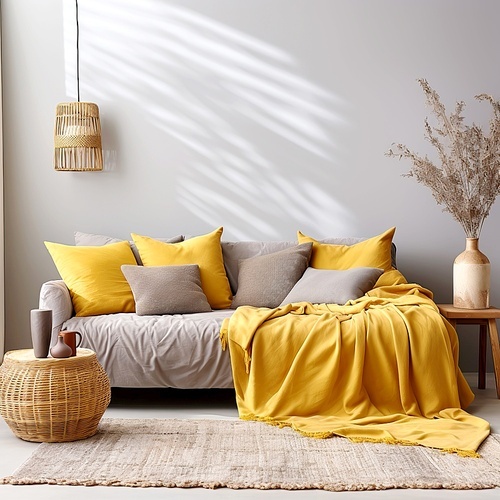 Grey fabric sofa with yellow pillows and plaid. Boho home interior design of modern living room.