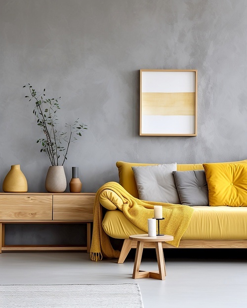 Cozy yellow sofa and wooden cabinet against concrete wall with poster frame. Scandinavian home interior design of modern living room.