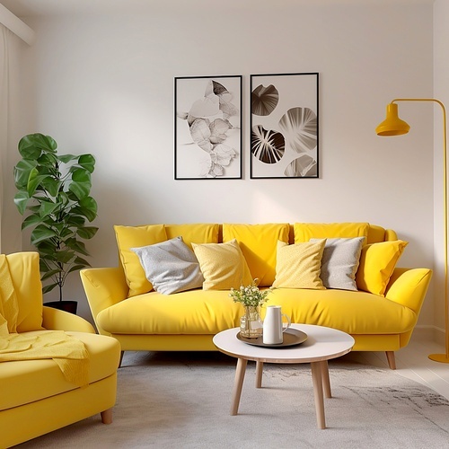 Vibrant yellow sofa against white wall with posters. Scandinavian home interior design of modern living room.