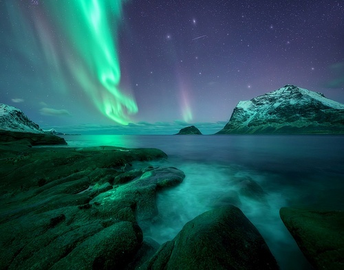 Aurora borealis over the sea, snowy mountains at starry winter night. Northern Lights in Lofoten islands, Norway. Sky with polar lights. Landscape with aurora, rocky beach, sky, reflection in water