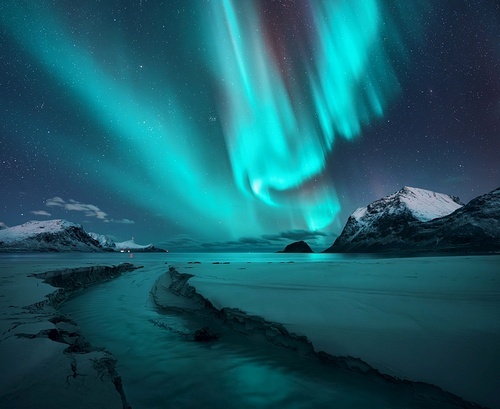 Northern Lights, snowy mountains, sandy beach, creek at starry winter night. Lofoten islands, Norway. Amazing Aurora borealis. Sky with polar lights. Landscape with aurora, sea, stream, rocks in snow