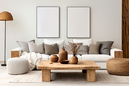 Scandinavian, boho style home interior design of modern living room. Rustic live edge coffee table against white wall with blank mock up poster frames.