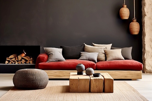 Wood log coffee table near rustic sofa with red cushion and grey and beige pillows against black stucco wall. Japandi home interior design of modern living room with fireplace.