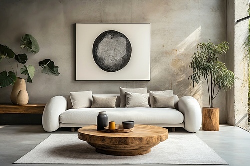 Grey sofa and rustic round coffee table against concrete wall. Wabi-sabi home interior design of modern living room.