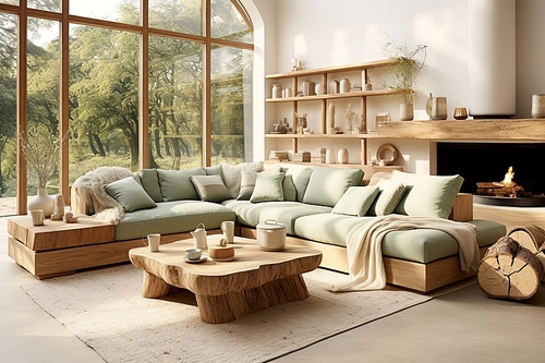 Green sofa in room with fireplace. Farmhouse home interior design of modern living room.