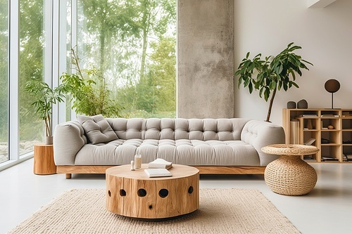 Round accent coffee table against gray tufted sofa. Minimalist loft home interior design of modern living room.