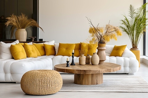 White fabric tufted corner sofa with orange pillows near round wooden coffee table. Scandinavian home interior design of modern living room.