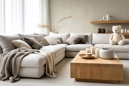 Fabric sofa with grey pillows and blanket. Minimalist home interior design of modern living room with concrete wall.