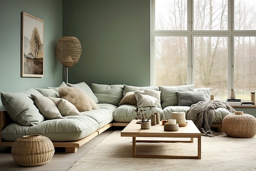 Corner sofa near green wall. Farmhouse home interior design of modern living room.