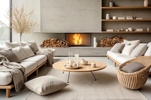 Minimalist home interior design of modern living room with fireplace.