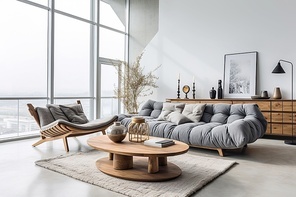 Curved tufted grey sofa and lounge chair against big panoramic window with city view. Minimalist home interior design of modern living room.