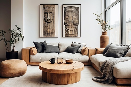 Round wood coffee table near white sofa with grey pillows. Boho, ethnic, tribal style home interior design of modern living room.