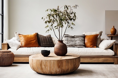 Rustic wooden coffee table near white sofa with orange leather pillows. Farmhouse, ethnic, boho style home interior design of modern living room.