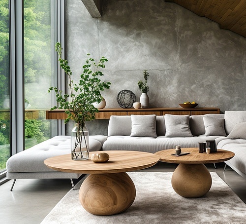 Round wooden accent coffee tables near grey sofa against concrete wall. Loft home interior design of modern living room.