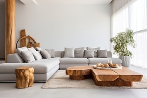 Live edge accent coffee table near grey sofa against white wall with copy space. Minimalist home interior design of modern living room.