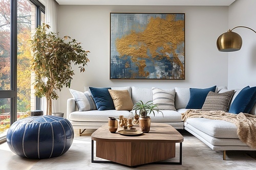 Navy blue ottoman near white sofa with beige blanket against window and white wall with big frame poster. Scandinavian home interior design of modern living room.