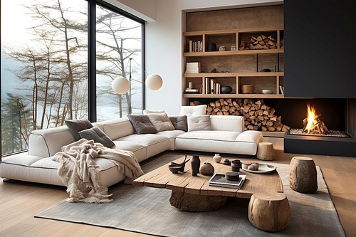 Rustic live edge coffee table near white corner sofa against window. Scandinavian home interior design of modern living room with fireplace.