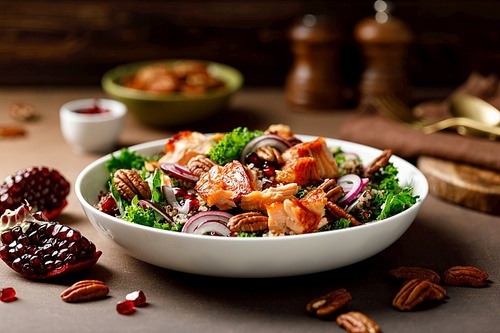 Salmon superfood salad with grilled fish, kale, quinoa, pecan nuts, red onion and pomegranate