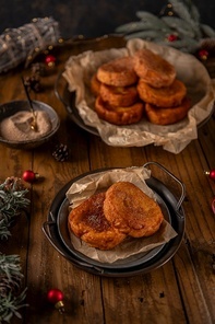 Traditional Portuguese Christmas Rabanadas. Spanish Torrijas on kitchen countertop.