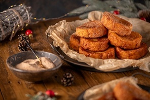 Traditional Portuguese Christmas Rabanadas. Spanish Torrijas on kitchen countertop.