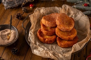 Traditional Portuguese Christmas Rabanadas. Spanish Torrijas on kitchen countertop.