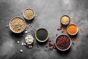 Various types of legumes, beans, lentils. chickpeas and peas, top view