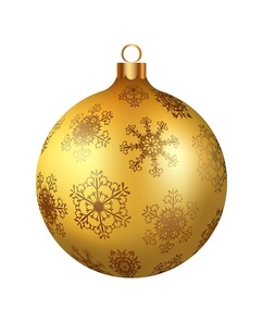 Christmas decoration golden glass ball with snowflakes ornate. Festive design element for the winter holidays, events, discounts, and sales. Vector illustration.