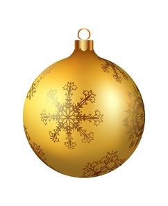 Christmas decoration golden glass ball with snowflakes ornate. Festive design element for the winter holidays, events, discounts, and sales. Vector illustration.