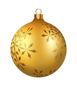 Christmas decoration golden glass ball with snowflakes ornate. Festive design element for the winter holidays, events, discounts, and sales. Vector illustration.