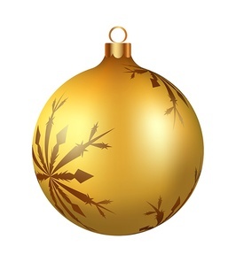 Christmas decoration golden glass ball with snowflakes ornate. Festive design element for the winter holidays, events, discounts, and sales. Vector illustration.