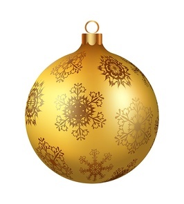 Christmas decoration golden glass ball with snowflakes ornate. Festive design element for the winter holidays, events, discounts, and sales. Vector illustration.