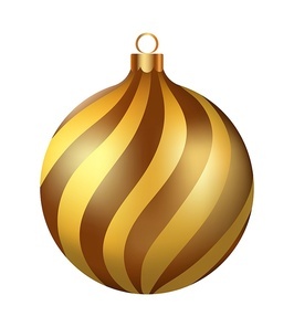 Christmas decoration golden glass ball with snowflakes ornate. Festive design element for the winter holidays, events, discounts, and sales. Vector illustration.